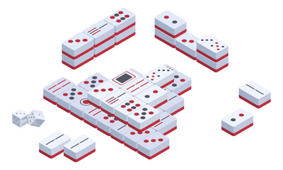 Isometric mahjong table gaming. Classic Chinese strategy game, popular board puzzle game 3d vector illustration on white background