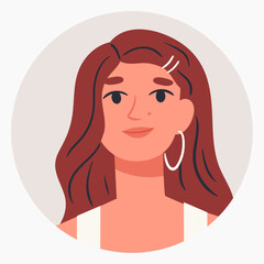 Young female avatar. Cartoon beautiful girl, brown-haired woman portrait, cute female character flat vector illustration on white background