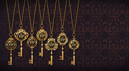 Fototapeta na wymiar A group of vintage golden skeleton keys, each attached to delicate gold chain necklaces. The keys have intricate designs and are marked with the sign 