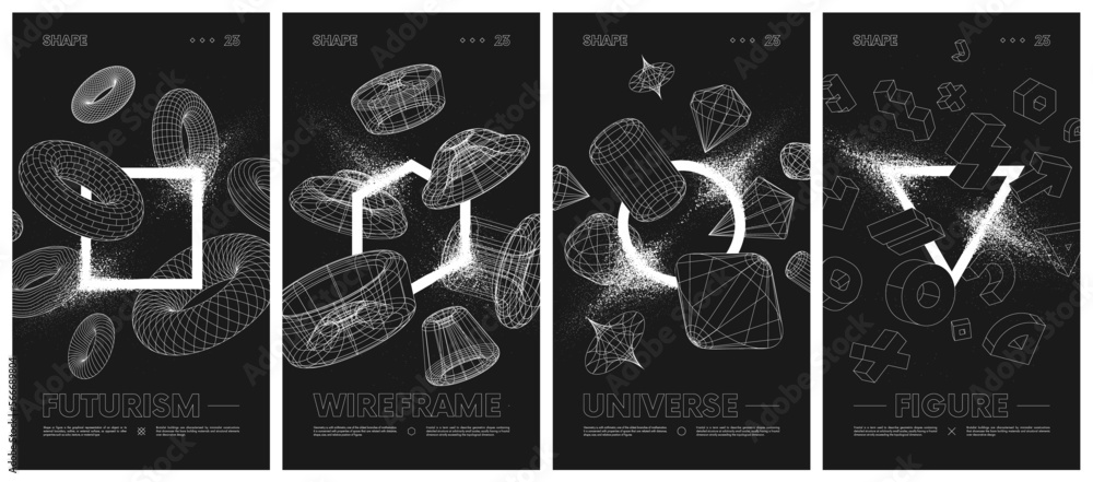 Aufkleber geometric shapes with particle spray effect, wireframes strange geometrical figures on a black backg