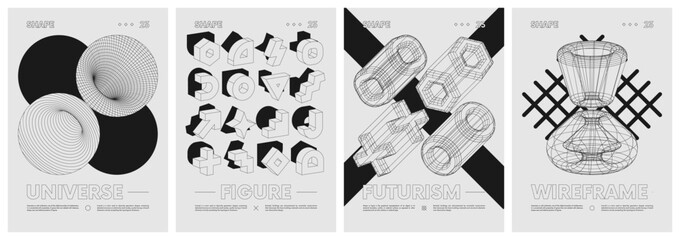 Strange extraordinary graphic assets wireframes of geometrical shapes and black geometric figures, Anti-design element vector set posters inspired by brutalism, contemporary artwork