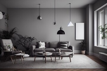 Fototapeta premium mock up poster frame in boho interior background, wooden living room design, Scandinavian style. Generative AI illustration