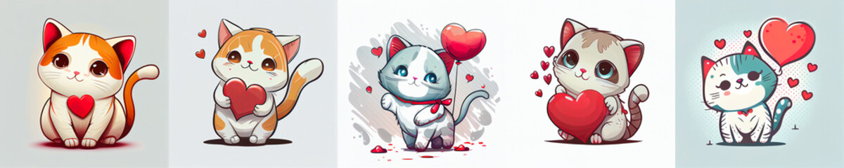 set of valentine day cartoon cute cat, mascot vector, white background. Generative AI
