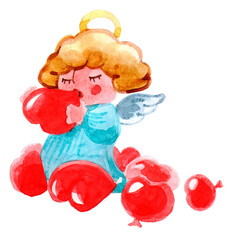 Watercolor drawing of an angel with a heart.Isolated colorful drawing. Valentine's Day greeting card template. Cute character and love. A gift to loved ones in the form of an angel. Children's print.