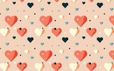 Seamless pattern of red, blue, pink, white, cream, and black hearts on light pink background for wrapping paper or fabric, backgrounds. Hand drawn style. Valentines Vector illustration.