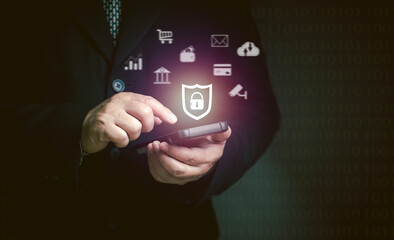 Concept of cyber security in mobile or tablet transactions. internet security Identity Theft...