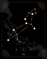 Fototapeta na wymiar LEO zodiac horoscope star constellation space symbol, horoscope night sky map. thin line sign art design vector illustration