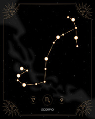 SCORPIO zodiac horoscope star constellation space symbol, horoscope night sky map. thin line sign art design vector illustration