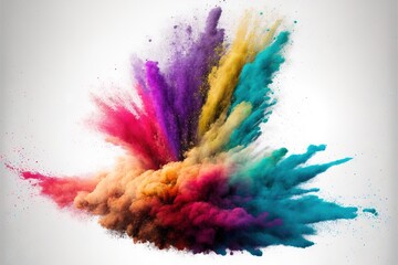 Obraz na płótnie Canvas a multicolored explosion of powder flying in the air on a white background with space for a text or a logo on the bottom of the image. generative ai