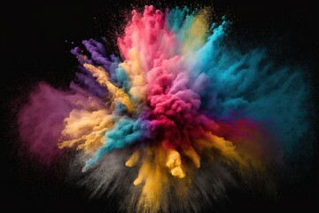 Obraz na płótnie Canvas a colorful explosion of colored powder on a black background with space for text or image or image to put on a poster or postcard or brochure. generative ai