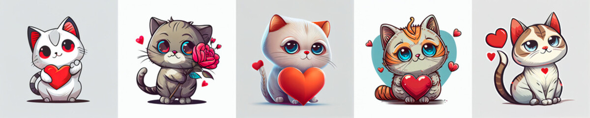 set of valentine day cartoon cute cat, mascot vector, white background. Generative AI