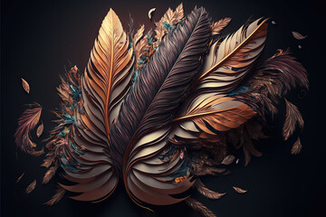  a close up of a feather on a black background with a brown and blue design on the side of the feathers and the feathers of the feathers.  generative ai