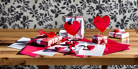 Fototapeta premium photo-realistic image of a wooden table with a Valentine's Day setting.