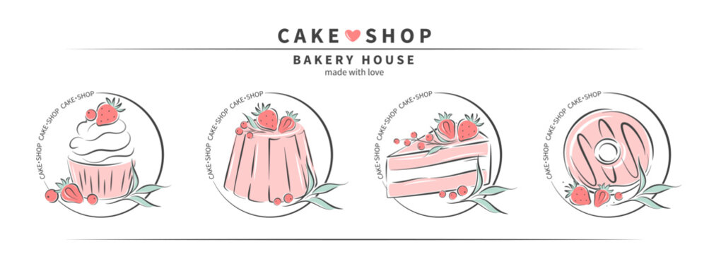 Cake shop logo. Collection of different dessert for pastry and bread shop, cooking, sweet products. Set of cakes, cupcakes and donuts. Vector illustration for banner, menu, advertising.