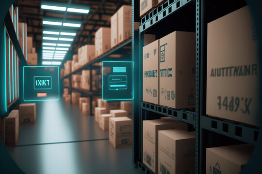 Storage of packages and container storage as in a logistics warehouse. Logistics uses all available technologies for fast service. Image created with AI.