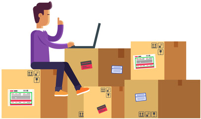 Warehouse male worker with laptop and boxes, employee managing goods. Weigh box, check inventories on shelves for product storage. Inventory stock. Sales manager arranges delivery of purchases