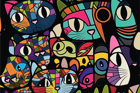  a painting of many different colored cats on a black background with the words happy birthday written below the cat's head in the center of the picture.  generative ai