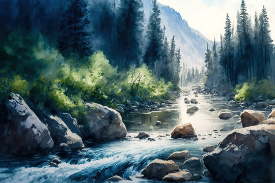  Digital watercolor painting of a river. 4k Wallpaper, background