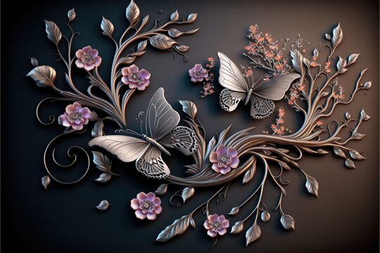 3D Wallpaper Jewelry Flowers with Silver Branches and Butterflies generative ai