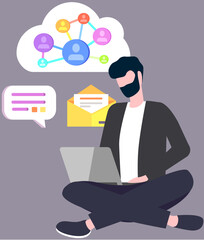 Young man looking for friend through laptop. Guy with computer chatting, communicating online. Person sharing in social media, Internet app signs set. Businessman working remotely, typing message