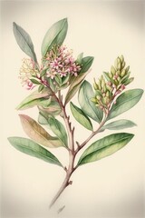 a cute woodland myrtle flower and leaves in watercolor, artistic, fresh spring colors generative ai