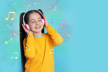 Cute girl listening to music through headphones on light blue background, space for text. Music notes illustrations