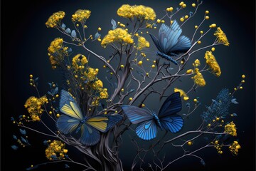 A Majestic Fusion of Blue Flowers and Yellow Branches with Butterflies generative ai,