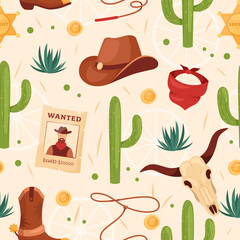 Wild West seamless pattern. Vector background of western Texas with hat, cactus, wanted poster, sheriff badge, cow skull, horseshoe. Collection for fabric, print, illustration, web design