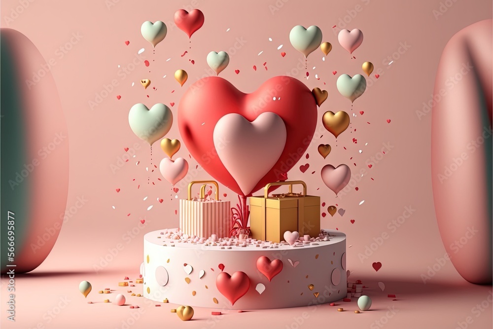 Poster a cake with a heart on top of it surrounded by balloons and confetti on a pink background with a pin