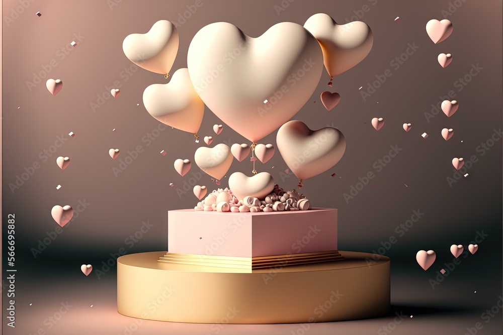 Poster a cake with hearts flying out of it on a table with confetti on top of it and confetti in the middle