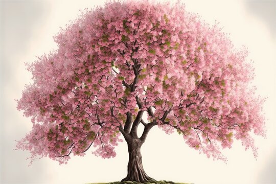 Beautiful cherry blossom tree in full bloom surrounded by soft pink petals and green leaves generative ai