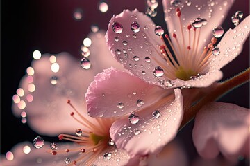 Close-up macro shot of water droplets on a bed of delicate pink cherry blossom petals generative ai
