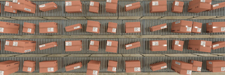 Parcels on a conveyor ready for distribution concept 3d render