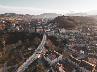 Italy, January 2023: aerial view of the medieval village of Pergola after the flood of September...