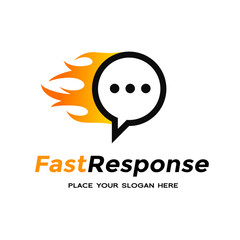 Fast response vector logo template with flame and chat symbol.