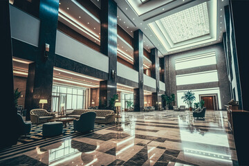 Modern hotel lobby: luxury in a grand lobby with columns, Generative AI