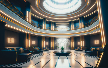 Luxury futuristic hotel lobby with a round ceiling window, Generative AI