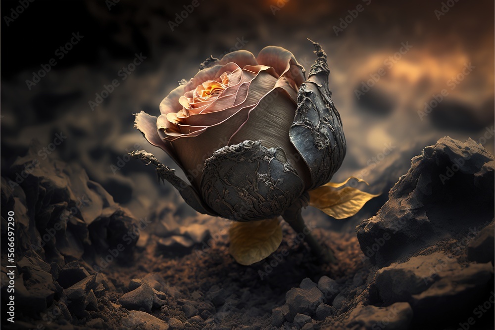 Poster a flower that is sitting on some rocks in the dark night sky with a full moon in the background and 