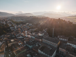 Italy, January 2023: aerial view of the medieval village of Pergola after the flood of September...