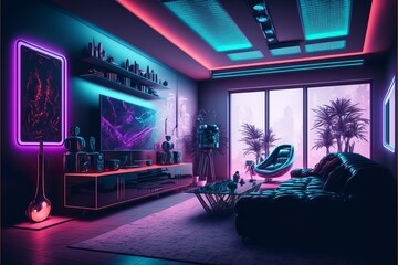 Futuristic cyberpunk style living room with a big screen tv, sofa and coffe table illuminated with neon lights