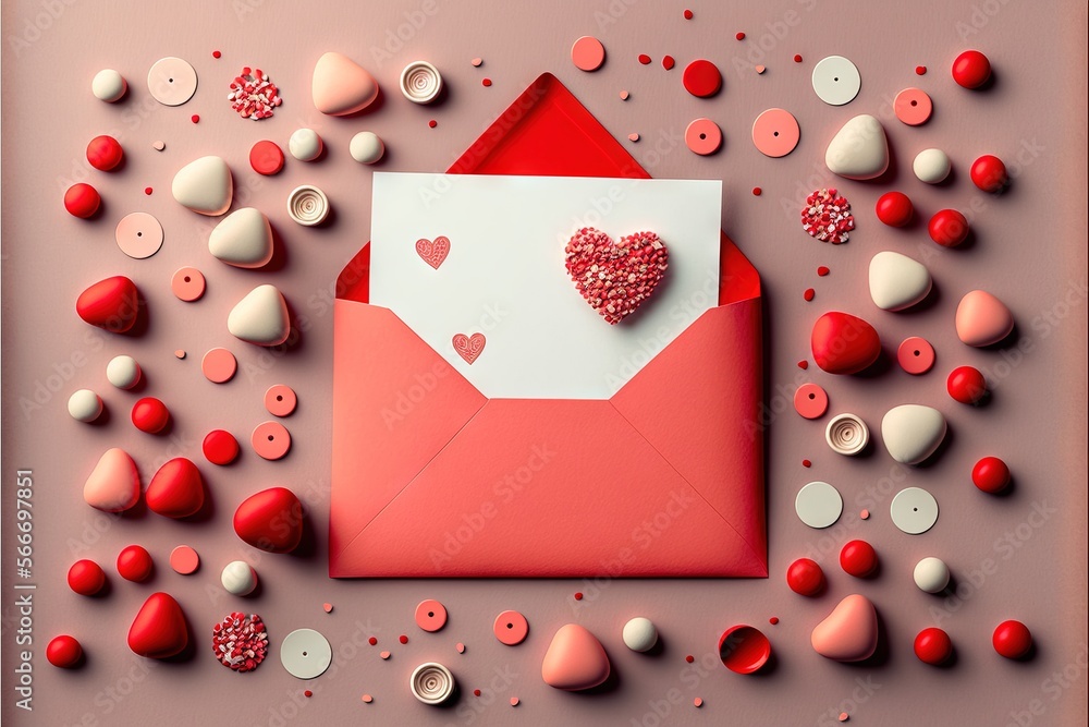Poster a red envelope with a heart on it surrounded by hearts and confetti on a pink background with a whit