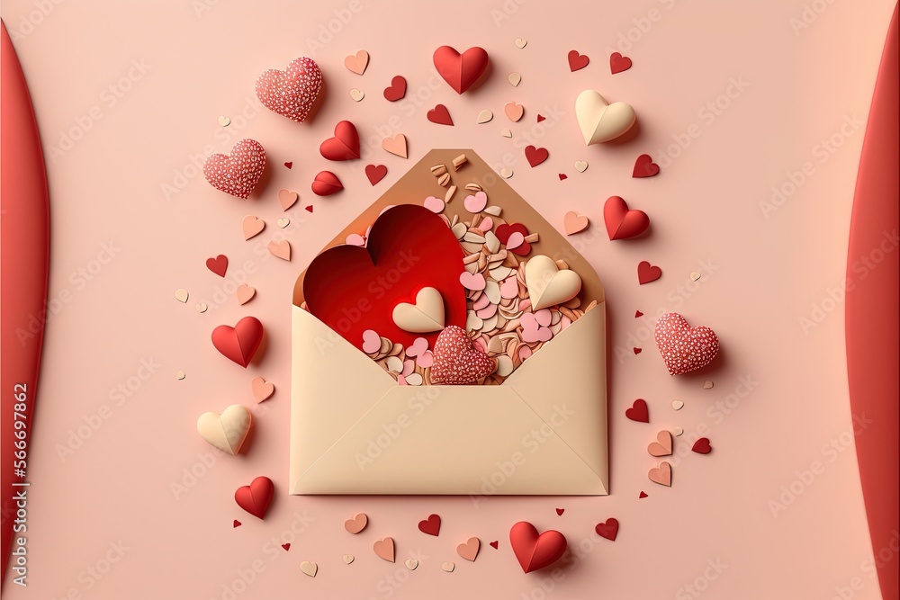 Poster an envelope with hearts and a heart cut out of it on a pink background with a red envelope and a red