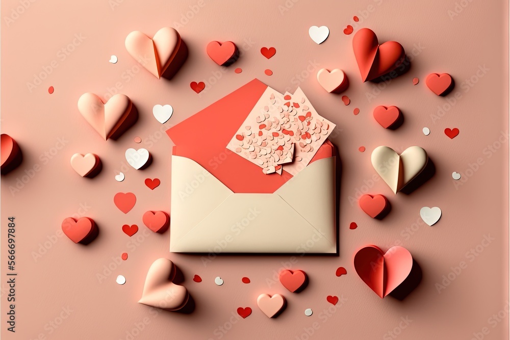 Poster an envelope with a piece of paper in the middle surrounded by hearts on a pink background with a pin