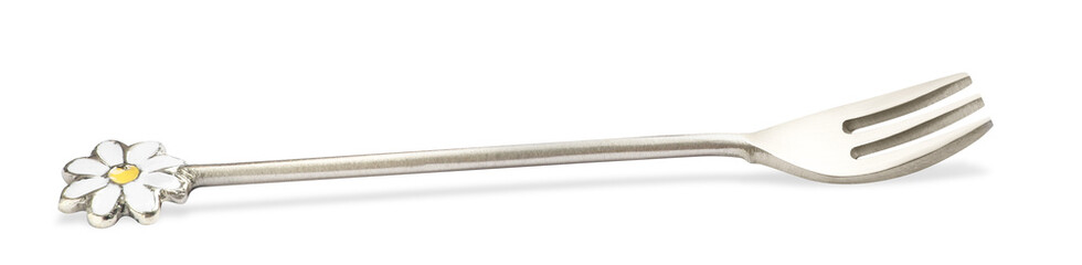 Stylish metal dessert fork isolated on white