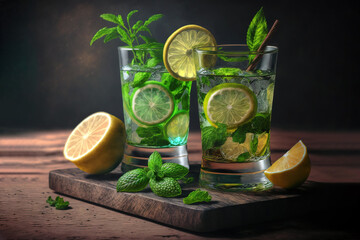  a couple of glasses of water with lemons and mint on a wooden board with a green leafy mint on the side of the glass. generative ai