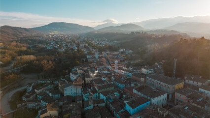 Italy, January 2023: aerial view of the medieval village of Pergola after the flood of September...