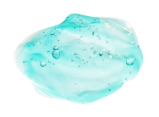 Sample of turquoise facial gel on white background, top view