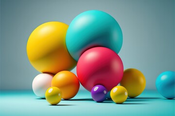  a group of colorful balls sitting on top of a blue floor next to each other on top of a blue floor with a gray background.  generative ai