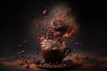  a cup filled with chocolate and sprinkles on top of a saucer and surrounded by nuts and other things on a black background.  generative ai - obrazy, fototapety, plakaty
