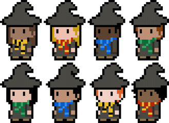 Cute pixel wizards from different houses - isolated 8 bit vectors